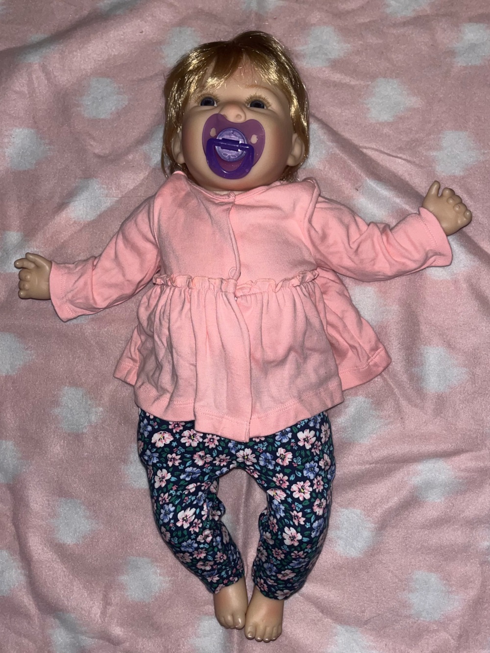 Pink Baby Doll with Purple Pacifier and Floral Pants
